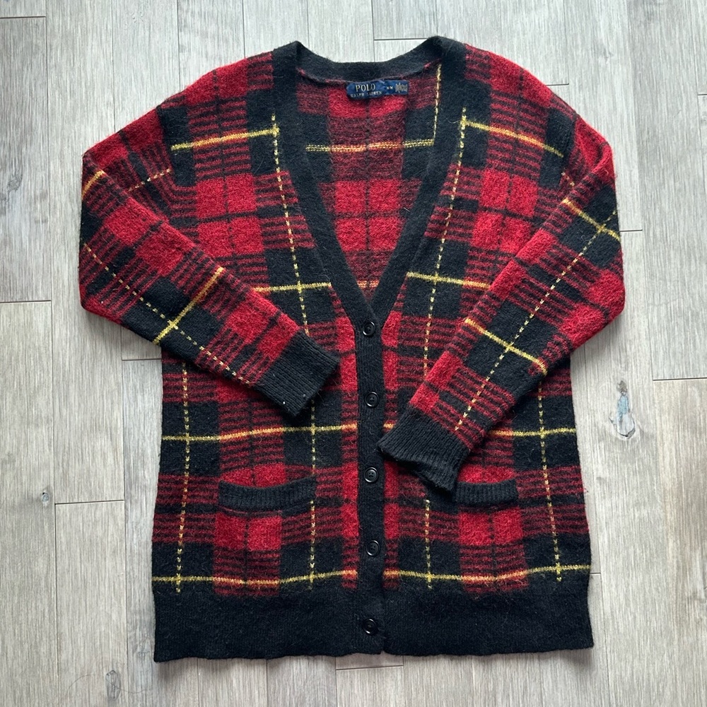 Vintage Polo Ralph Lauren Wool Alpaca Red and Black‎ Plaid Cardigan Medium